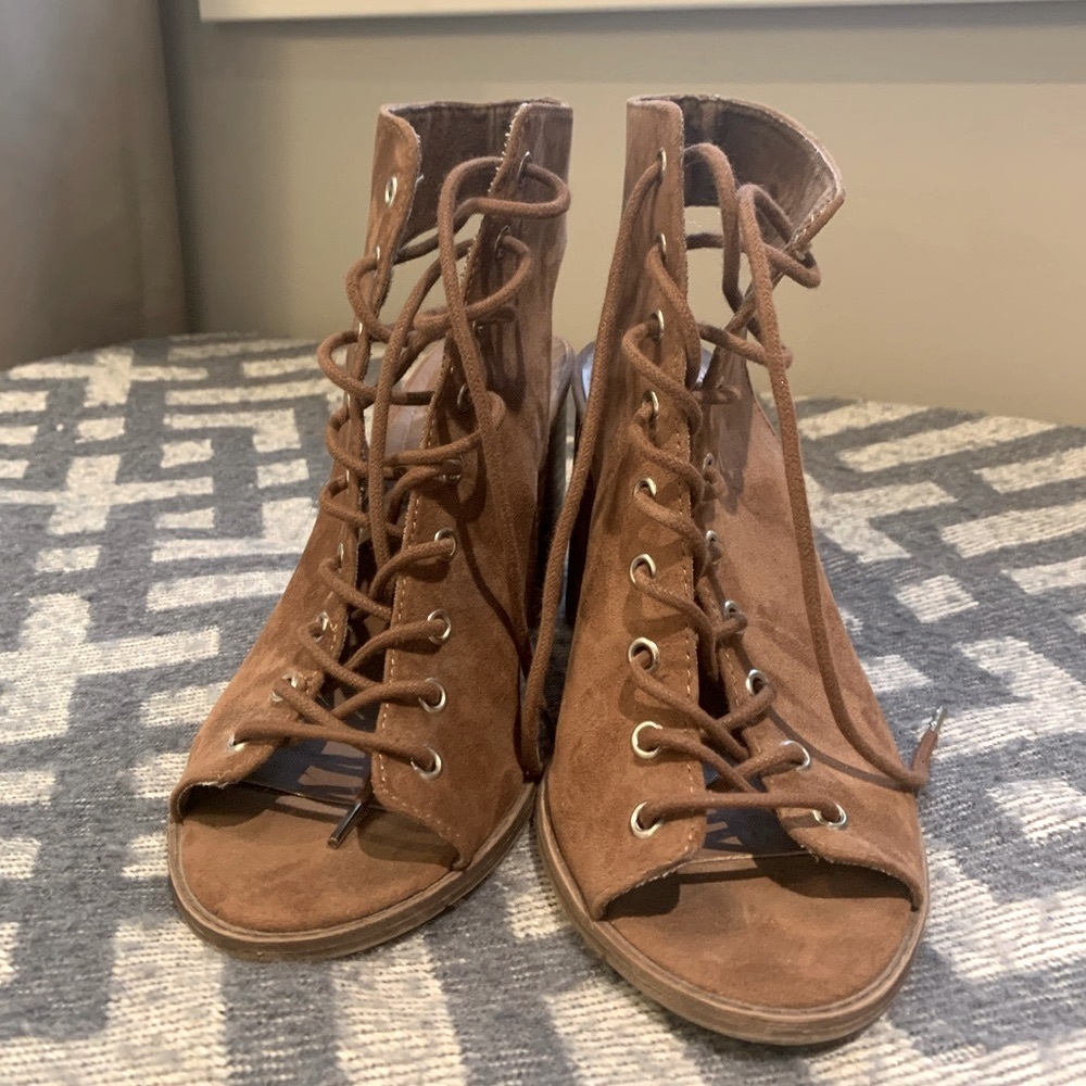 Lace up block heel booties